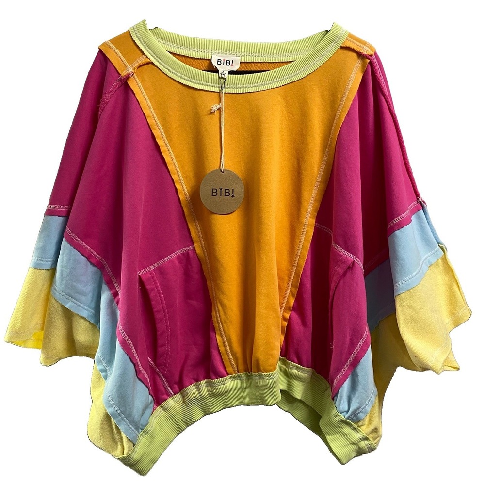 BiBi Oversized Colorblock Women Sweatshirt Yellow/Pink/Blue W/Pockets S M L-NWT
